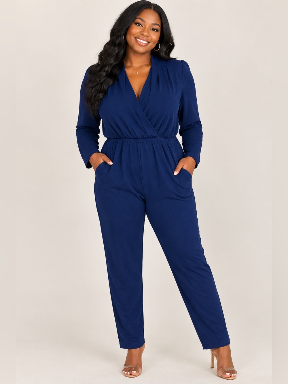 Michael Kors Deep Navy Long-Sleeve Surplice Jumpsuit medium